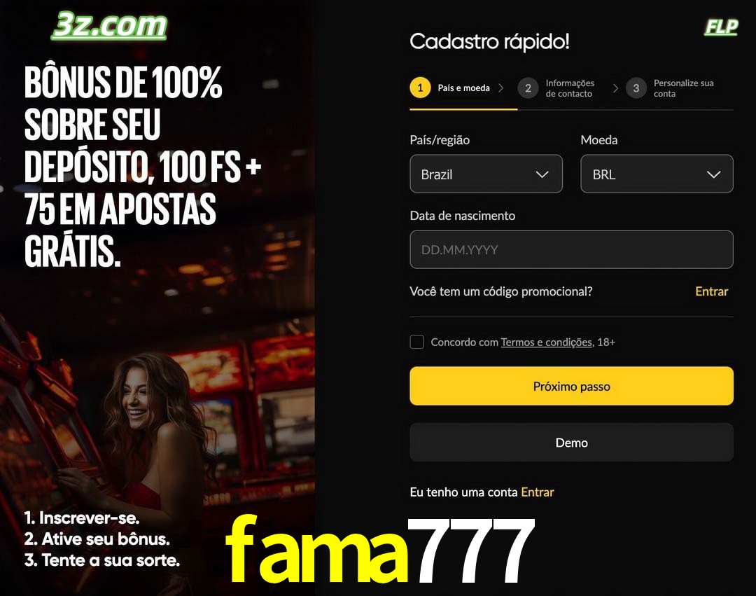 fama777 registro oficial cassino online Brasil com bônus de depósito e free spins